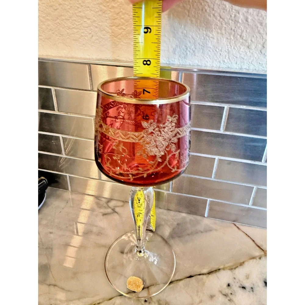 Antique Bohemian Cordial Glass Cranberry Etched Gold Gilt Czech Stemware 7.5